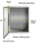 Interior view of Heavy Duty 12 X 10 X 6 Inch Steel Electrical Enclosure Nema 4x with lock, hinge, and mounting holes.