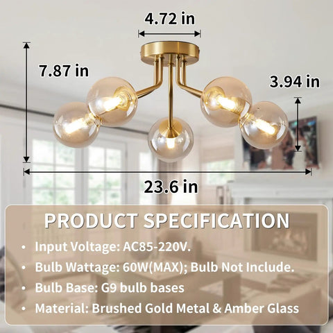 Gold Five Light Sputnik Style Ceiling Light Semi Flush Mount With Glass Globe Pendant Lamps For Bedroom Kitchen Living Room And Office Decor LED Bulbs dimensions and specifications displayed.