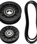 Beefed Up V Idler And Flat Pulley Drive Belt Kit For John Deere Lawn Tractors shown with pulleys and 1/2" x 89" belt