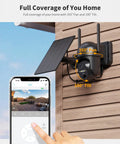 Solar-Powered Wireless Outdoor Security Camera With 360 Degree Pan-Tilt mounted on house siding, shown in use via mobile app.