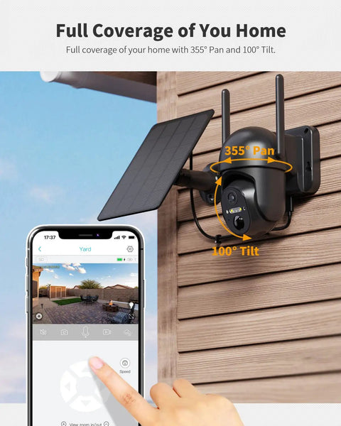 Solar-Powered Wireless Outdoor Security Camera With 360 Degree Pan-Tilt mounted on house siding, shown in use via mobile app.