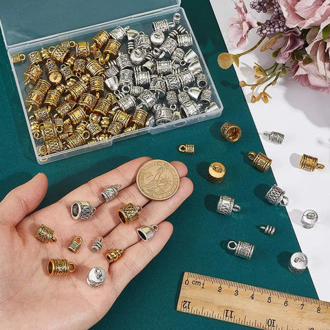 Check Out These 125 Pcs Tibetan Alloy Cord End Caps In 10 Cool Styles With Antique Silver And Golden Tones Perfect For Your Next DIY Jewelry Kit To Fix Necklace Bracelet Tips. Tibetan alloy cord end caps, 0.4 inch, gold and silver, in storage box