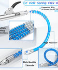 Heavy Duty Grease Gun Coupler Kit With Quick Lock Release, blue twelve inch flex hose, silver threads, high pressure resin