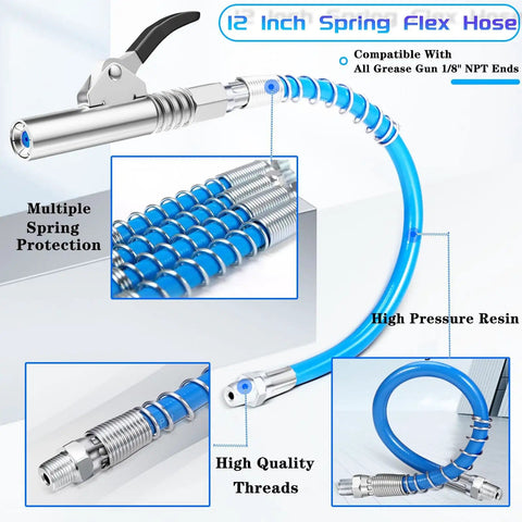 Heavy Duty Grease Gun Coupler Kit With Quick Lock Release, blue twelve inch flex hose, silver threads, high pressure resin