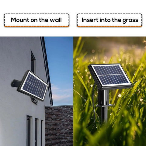 48 Foot Solar String Lights Outdoor USB Rechargeable Waterproof Shatterproof Bulbs Hanging Lights For Backyard Porch Garden Cafe Camping Party And Patio Vibe Decor with solar panel mounted on wall and inserted into grass
