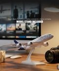 1/280 Scale Lufthansa Airbus A380 Airplane Model Kit With Snap Fit Assembly displayed on desk with stand
