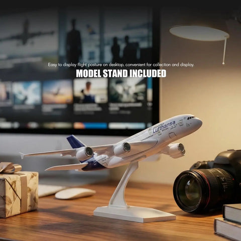 1/280 Scale Lufthansa Airbus A380 Airplane Model Kit With Snap Fit Assembly displayed on desk with stand