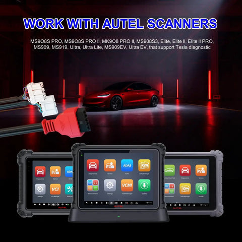Tesla Diagnostic Cable Set for Model S Y 3 X Garage Must Have That Hits Different With Autel MaxiSYS Tablets in use with diagnostic tools.