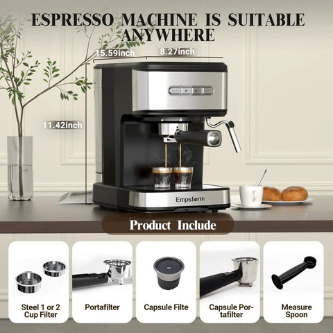 Top Shelf 20 Bar Espresso Machine With Integrated Milk Frother And Steam Wand Heavy Duty 1100 Watt Stainless Steel Coffee Maker on countertop