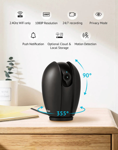 1080P Indoor Security Camera For Home Surveillance With 360 Degree View Two Way Audio Night Vision Easy App Access SD And Cloud Storage Alexa Compatible Ideal Baby Monitor And Pet Cam on table with features displayed