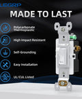 Three Way Toggle Light Switch In Wall Replacement 120 V 15 A Quiet Framed AC Switch Self Grounding Residential And Commercial Grade UL Listed 10 Pack Glossy White on display with features like polycarbonate thermoplastic and UL listing.