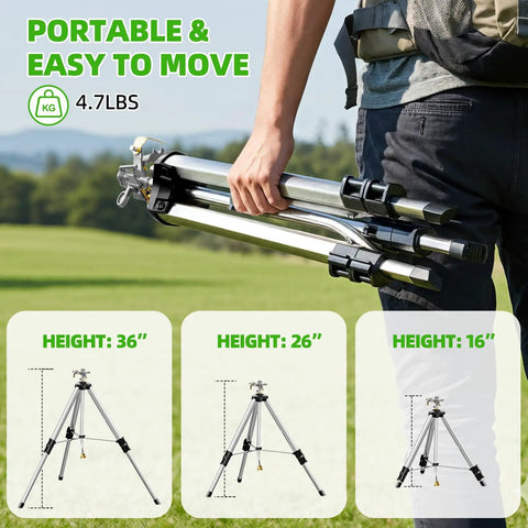 Person carrying Heavy Duty Brass Impact Tripod Sprinkler With Pulsating Water And Telescoping Legs Delivers 360 Degree Coverage Up To 70 Feet Reaching 5660 Square Feet Perfect For Yard Lawn Garden Irrigation 16 26 Or 36 Inch Heights.