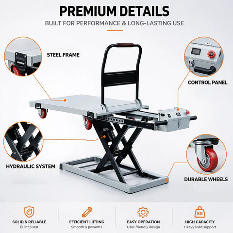 Heavy Duty Electric Hydraulic Lift Table Cart With Four Rock Solid Wheels And Anti Slip Platform Foldable Game Changing Power Roller For Shop And Garage Maintenance