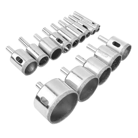 Heavy Duty 15 Piece Drill Bit Hole Saw Kit For Glass Marble Ceramic Tile And Granite Plating Coating Fast Chip Removal Water Lube Precision Boring Tools, 15-piece diamond hole saw bits