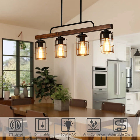 Rustic Linear Pendant Lighting For Kitchen Island And Dining Room With A Black Metal And Wood Finish, Farmhouse Vibe Fixture