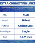 Patioer Heavy Duty Roller Chain #50H 10 Feet Carbon Steel Industrial Link Extra connecting links specifications table.