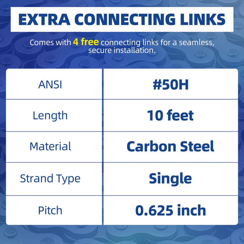 Patioer Heavy Duty Roller Chain #50H 10 Feet Carbon Steel Industrial Link Extra connecting links specifications table.