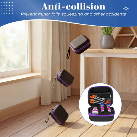 Purple 6 Slot Peptide Vial Storage Case for 3ml 10ml 30ml bottles, travel box on wood floor with vials inside
