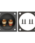 Front view of 2.2 Inch Square Screw Type Speaker Terminal Cup For 2 Way Systems With Gold Plated Binding Posts and mounting screws