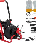 75Ft Electric Drain Auger Machine Auto Feed Snaking Tool For 2 To 4 Inch Pipes with gloves and accessories displayed.