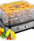 Hassle Free Countertop Electric Food Dehydrator With Five Generous Removable Trays And A Simple Digital Dial For Perfect Jerky Making Plus No Sweat Cleanup Of Garden Veggies Year Round with fruits on trays.