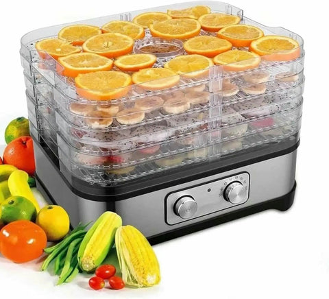 Hassle Free Countertop Electric Food Dehydrator With Five Generous Removable Trays And A Simple Digital Dial For Perfect Jerky Making Plus No Sweat Cleanup Of Garden Veggies Year Round with fruits on trays.