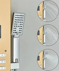 Rock Solid Matte Black Shower System With Ceiling Rainfall Head And Hand Sprayer Featuring Soft LED Glow and Air Injection Valve, showing handheld sprayer with various spray patterns.