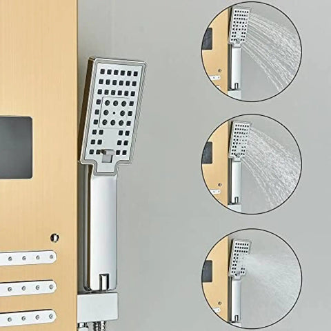 Rock Solid Matte Black Shower System With Ceiling Rainfall Head And Hand Sprayer Featuring Soft LED Glow and Air Injection Valve, showing handheld sprayer with various spray patterns.