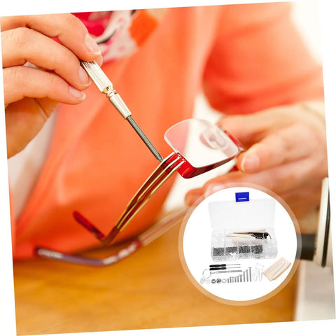 Eyeglass Repair Kit With Screws And Nose Pads For Quick Glasses Fixes, person using screwdriver on glasses with kit components visible