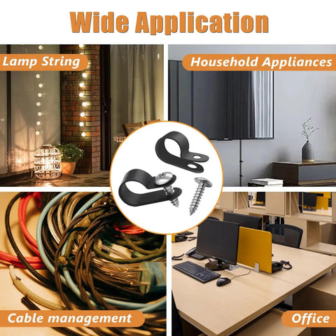 No Sweat 306 Piece Cable Clips And Wire Mount Assortment Kit Featuring R Type Clamps used in cable management and household applications.