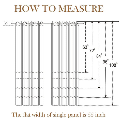 Illustration showing how to measure Orange And White Ombre Light Filtering Privacy Curtains Set Of 2 Panels 55 Inch Wide 84 Inch Long.