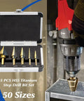 5 Piece HSS Titanium Coated Step Drill Bit Set With Aluminum Case, 50 Sizes From 1/8 To 1-3/8 Inch in use on metal