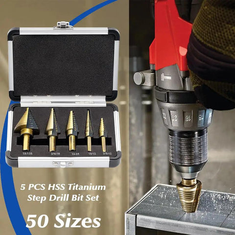 5 Piece HSS Titanium Coated Step Drill Bit Set With Aluminum Case, 50 Sizes From 1/8 To 1-3/8 Inch in use on metal