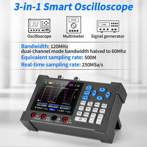 Handheld Digital Oscilloscope Kit With 2 Channel Input, 120MHz Bandwidth, 3.2 Inch TFT Display, Built In DDS Signal Generator, 250MSa Per Second Sampling, Portable On-The-Go Automotive Oscilloscope And Multimeter