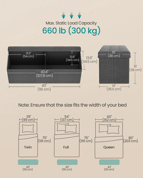 Mazie Collection 43 Inch Folding Storage Ottoman Bench With Quick Foldaway End Of Bed Foot Rest And Underbed Storage Go-To For Living Room Bedroom Or Entryway Dark Gray dimensions and capacity