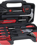Essential 39 Piece Household Tools Kit For Dorm And Home DIY Projects, Durable Repair Set with hammer, screwdrivers, pliers in red case.