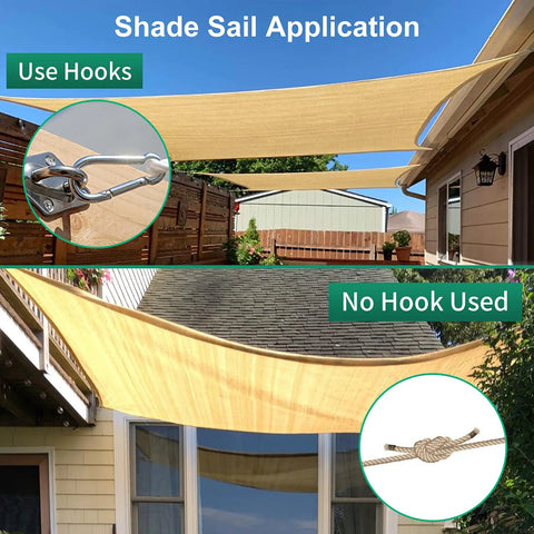 Stainless Steel Sun Shade Sail Hardware Kit 6 Inch, 84-Piece Set With 48 Ft Vinyl Coated Stainless Steel Wire showing hook use