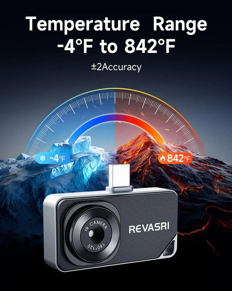 Type-C Thermal Camera For iPhone And Android Devices With 320x240 Resolution And 15x Digital Zoom, 25Hz Thermal Imaging, shown with temperature range -4°F to 842°F.