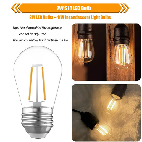 15 Pack Replacement LED Bulbs for Outdoor String Lights, 2W S14 Shatterproof Waterproof Bulbs, 2700K Soft White, E26 Base