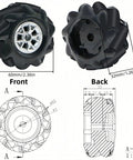60mm Mecanum Wheel Set With Couplings For ROS Smart Cart And DIY Robot Kits, 4-pack Black, front and side view with dimensions.