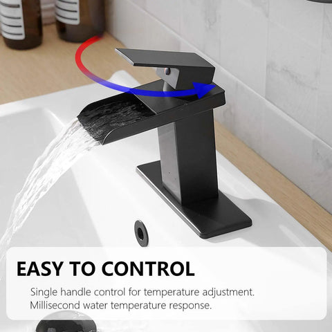 Waterfall Matte Black Bathroom Faucet With Single Handle Fits 1 Or 3 Hole Sinks Includes Pop Up Drain And Deck Supply Hoses