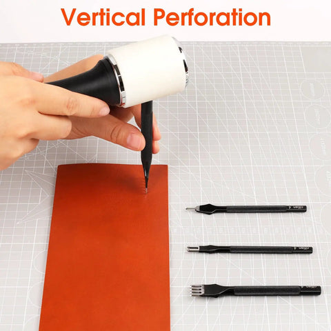 Person using Pro Grade Leather Craft Tools Set With Diamond Stitch Punches 4mm Prongs Inner Teeth Tapered Design on leather