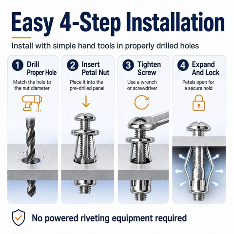 Easy 4-step installation guide for Heavy Duty Expansion Screw Petal Nut Button Rivet Locking Fastener on sheet metal.