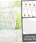 Built Tough White Metal Laboratory Bottle Drying Rack With Thirty Two Pegs For Test Tubes And Glassware showcasing clear test tubes and white design.
