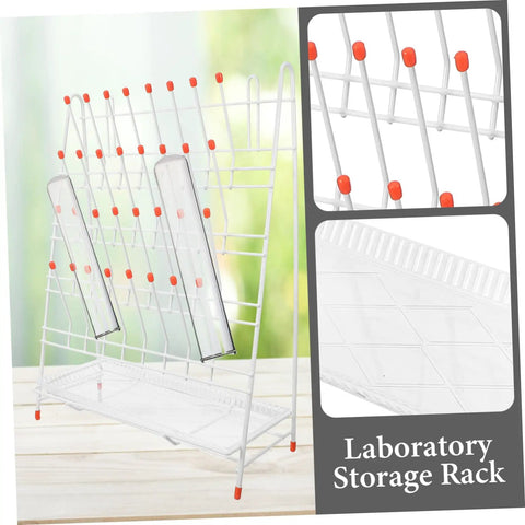 Built Tough White Metal Laboratory Bottle Drying Rack With Thirty Two Pegs For Test Tubes And Glassware showcasing clear test tubes and white design.