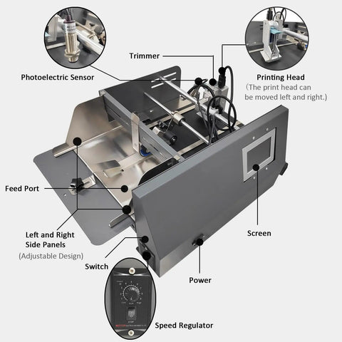 Automatic Desktop Paging Machine And Inkjet Printing Feeder For Bags Cards Cartons High Speed 60W Motor adjustable design and components overview.