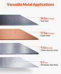 Various metal sheets showing dimensions: 16 Ga steel, 12 Ga copper, 11 Ga aluminum, and 0.7 mm stainless steel for Box And Pan Brake 36 Inch Sheet Metal Bending Tool With 16 Gauge Mild Steel Capacity And 0 To 135 Degree Adjustable Angles Built Tough Aluminum Bender With Six Fingers For Precise Bends In Your Workshop.