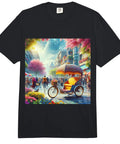 Legit Dope Pedicab Driver Graphic Tee For Adults Heavyweight Cotton Crewneck Top featuring cycle rickshaw artwork on black shirt.