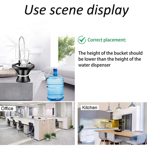 Automatic Electric Drinking Water Dispenser Pump For 2 To 5 Gallon Jugs USB Rechargeable With 2 Switch Controls displayed in kitchen and office settings