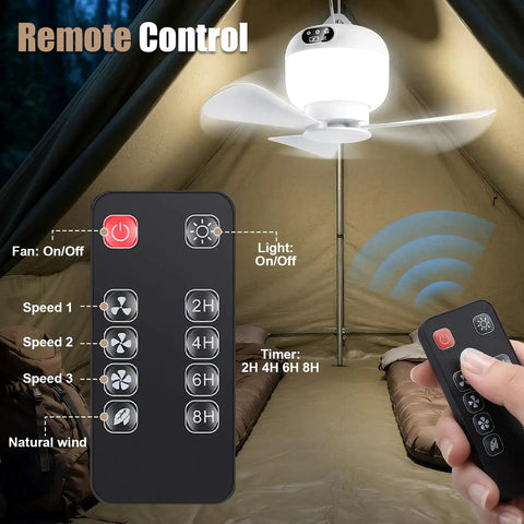 2-In-1 Camping Fan With Light And Remote in tent, remote control showing fan and light settings, ideal for outdoor use